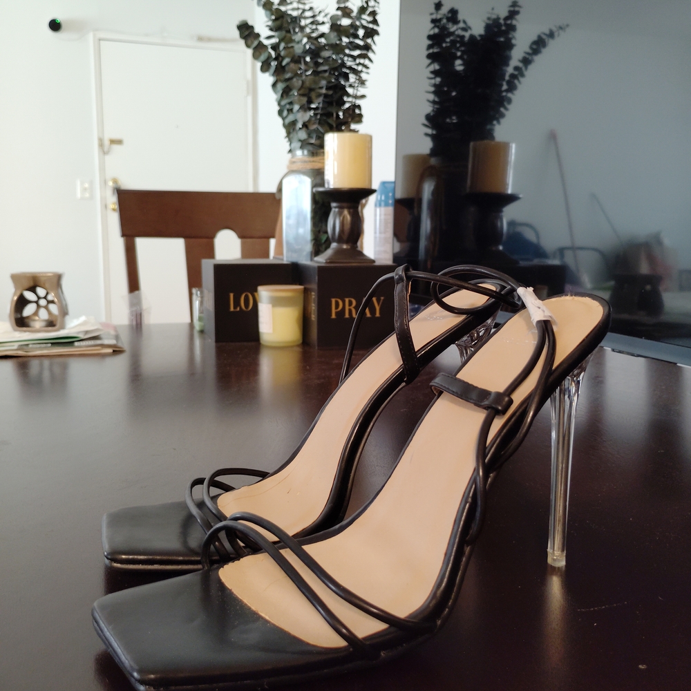 H by Halston Black Strappy Heels with Clear Stiletto. *** Reasonable Offers Are